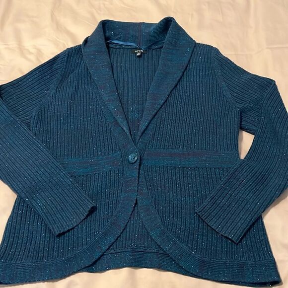 Apt9 szXL bluish/turquoise shawl collar 1 button ribbed knit cardigan EUC - Picture 2 of 7